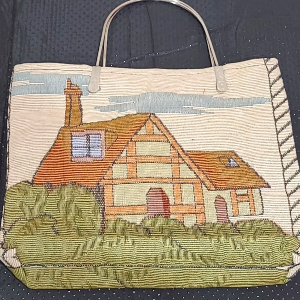 TAPESTRY HANDBAG CUSTOM WOVEN BAG A SIMPLE HOME IN FIELD WITH METAL HANDLES